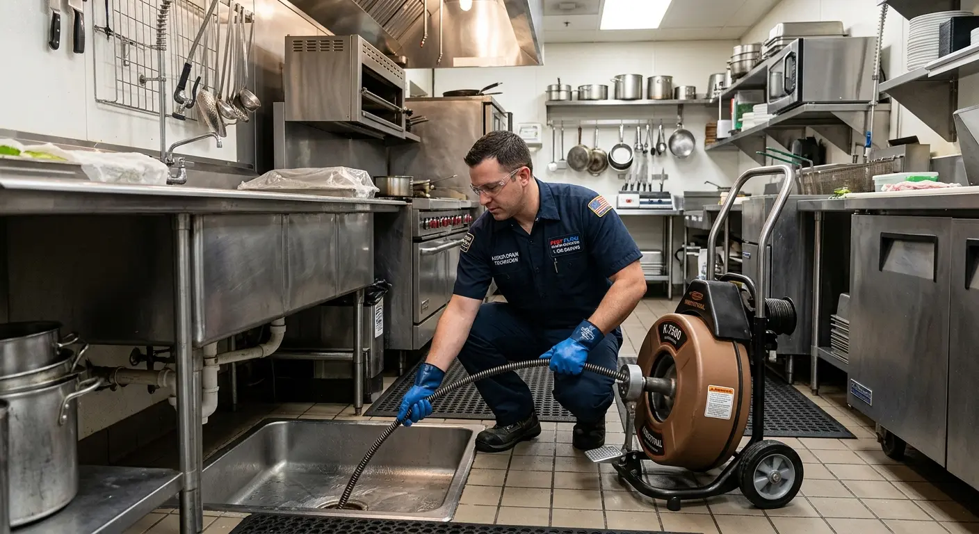 Commercial drain cleaning service in a restaurant kitchen in Auburn