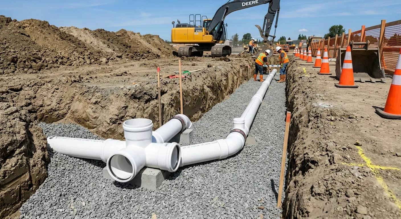 New PVC sewer pipe installation in open trench for Sewer Backup in Auburn